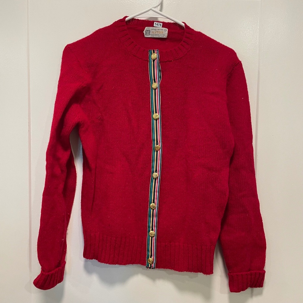 Aston Vintage Red Shetland Wool Cardigan Striped Gold Crest Button Size 36